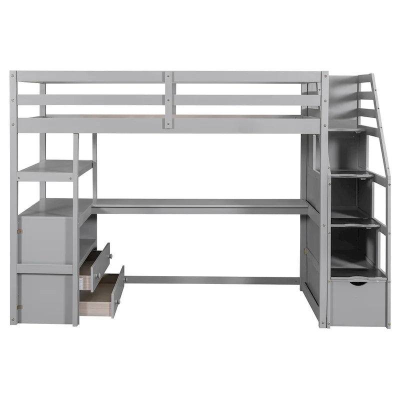 Lit mezzanine pour une personne avec bureau et étagères, deux tiroirs intégrés et escalier de rangement