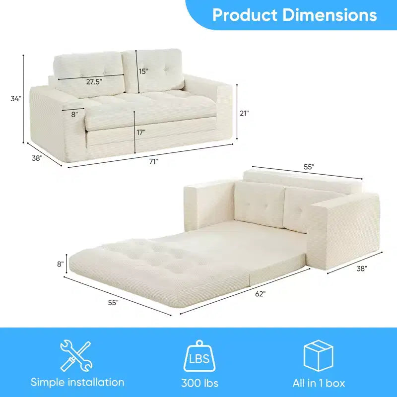 Rozkładana sofa-futon Mjkone 2 w 1 o szerokości 71', tapicerowana tkaniną sztruksową, z pikowanymi guzikami, dwuosobowa sofa z funkcją spania, oszczędzająca miejsce