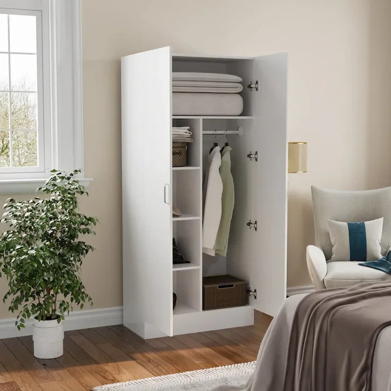 Armoire à deux portes autoportante pour chambre avec tringle à vêtements